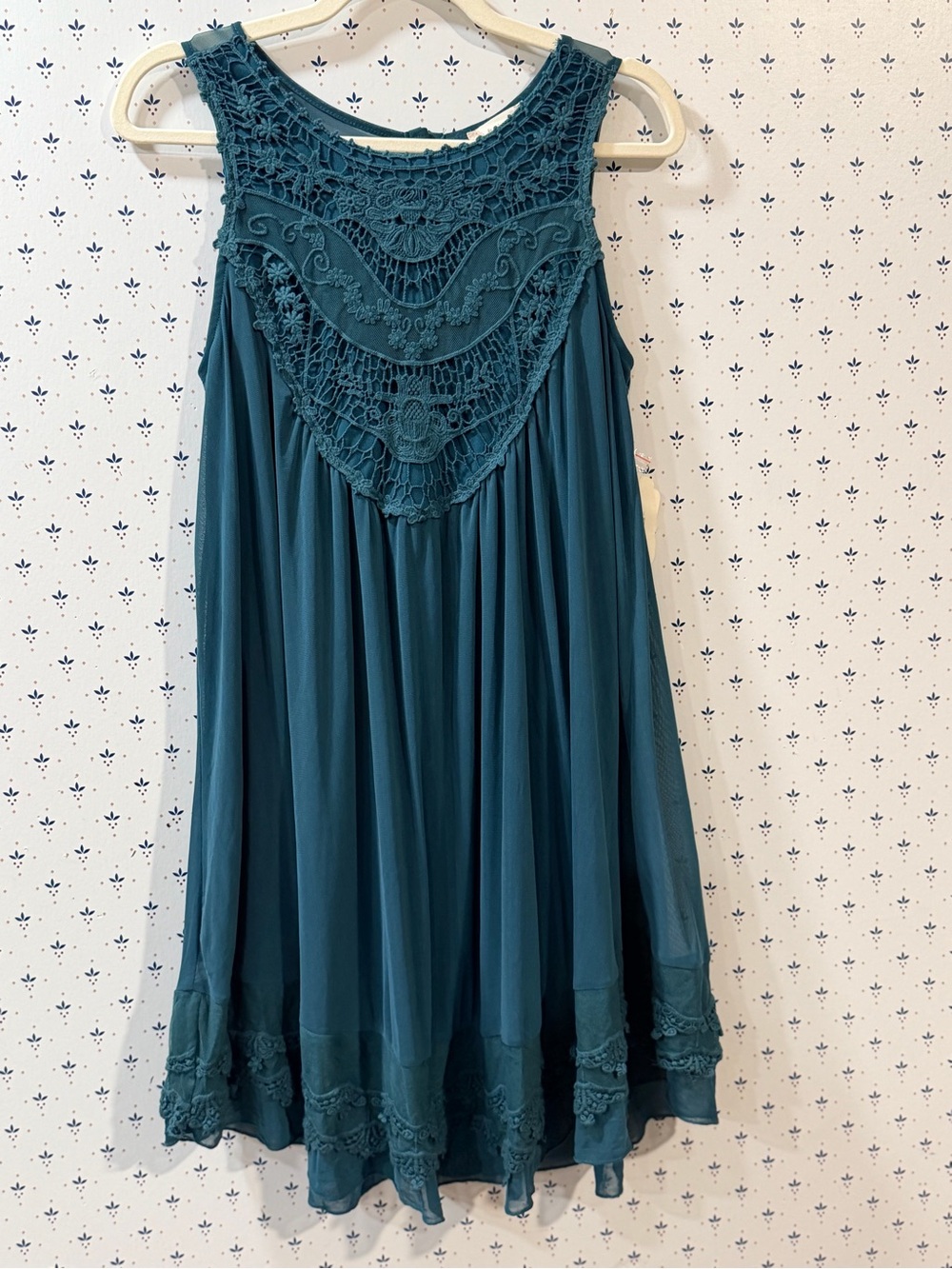 Altar'd State Teal Crochet Lace Yoke Trapeze Mini Dress - Size S
